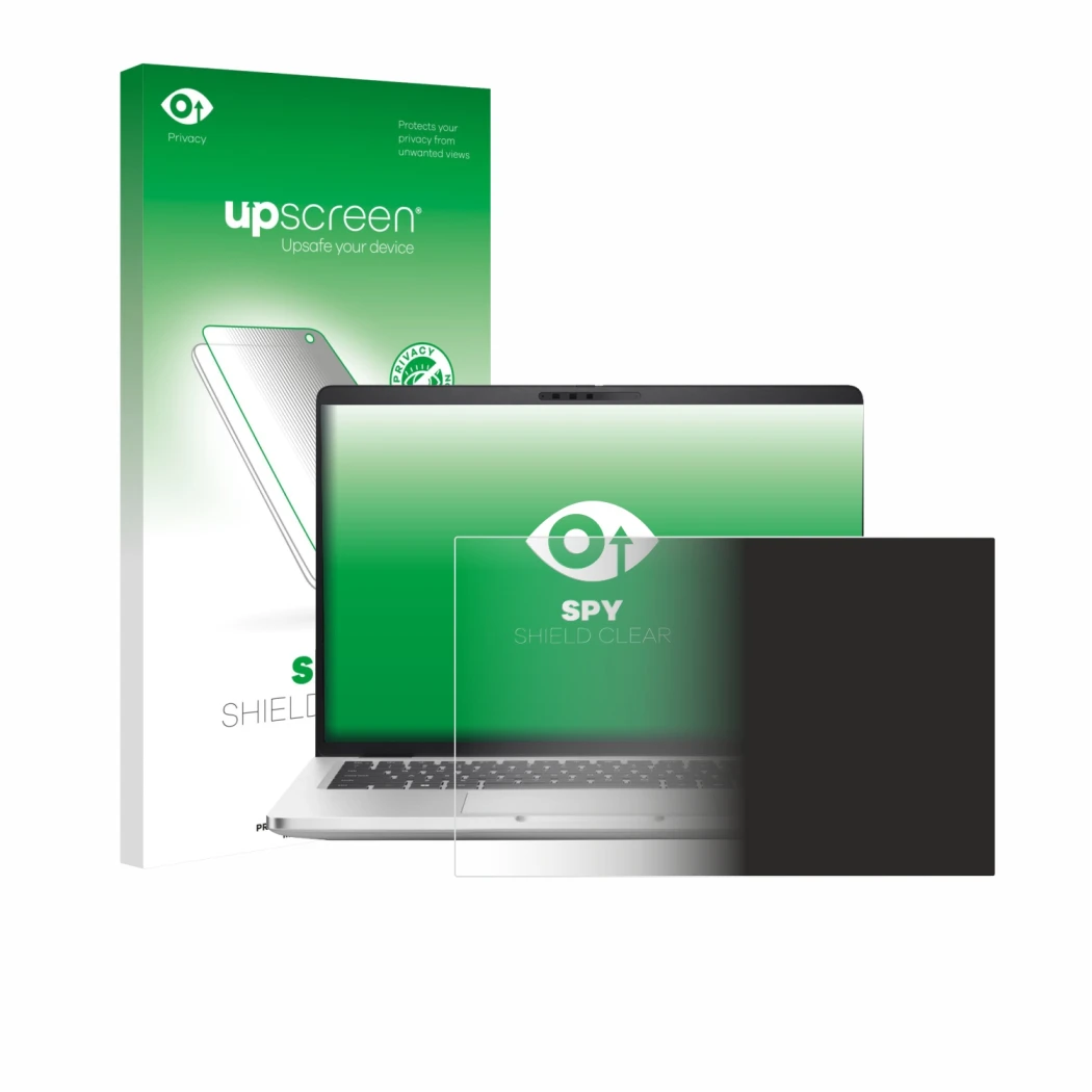 Parte frontale di una confezione del prodotto con il logo del marchio upscreen. Accanto è raffigurato il dispositivo Dell Pro 