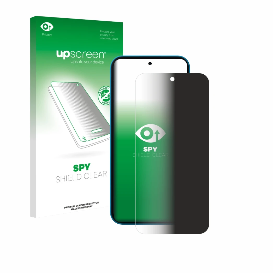 Parte frontale di una confezione del prodotto con il logo del marchio upscreen. Accanto è raffigurato il dispositivo Nothing P