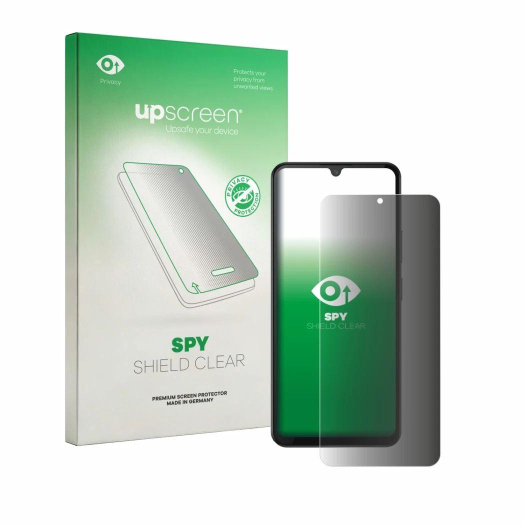 Parte frontale di una confezione del prodotto con il logo del marchio upscreen. Accanto è raffigurato il dispositivo Doogee M3