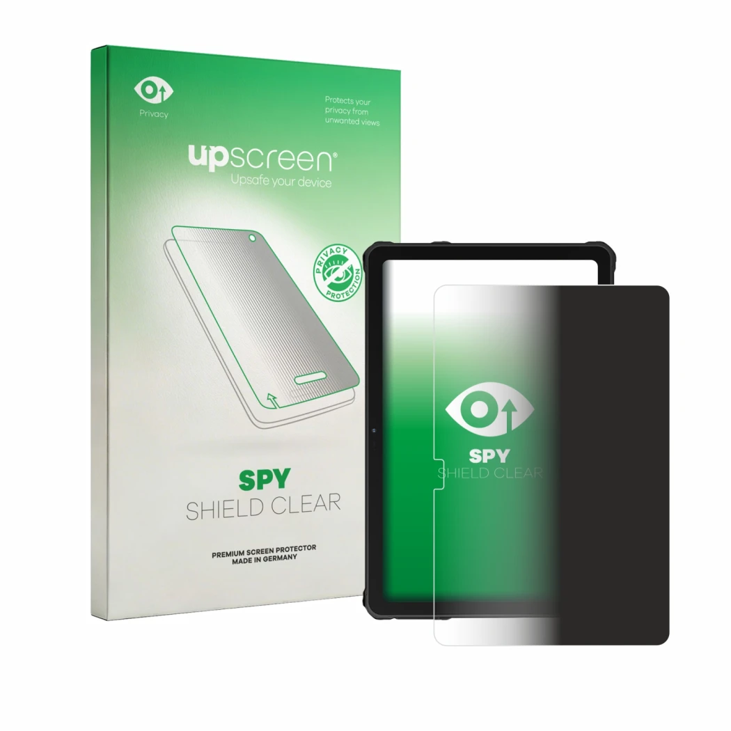 Parte frontale di una confezione del prodotto con il logo del marchio upscreen. Accanto è raffigurato il dispositivo Oukitel R