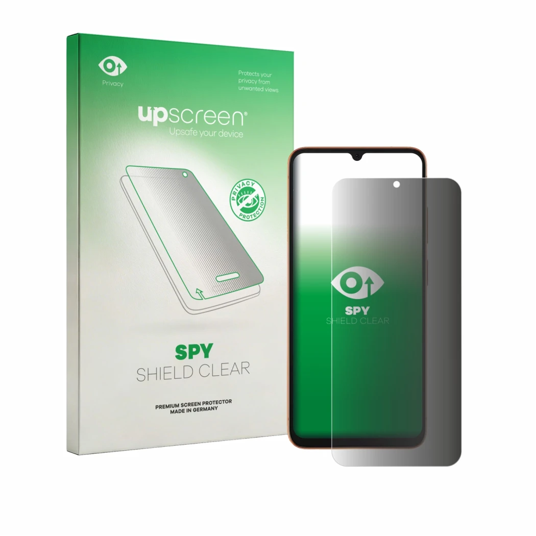 Parte frontale di una confezione del prodotto con il logo del marchio upscreen. Accanto è raffigurato il dispositivo Doogee No