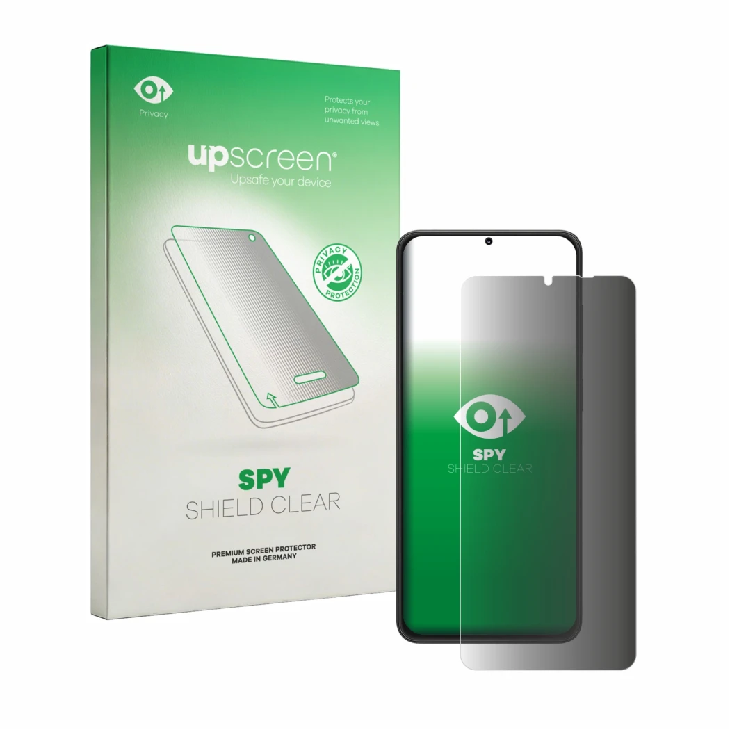 Parte frontale di una confezione del prodotto con il logo del marchio upscreen. Accanto è raffigurato il dispositivo Neow Safe
