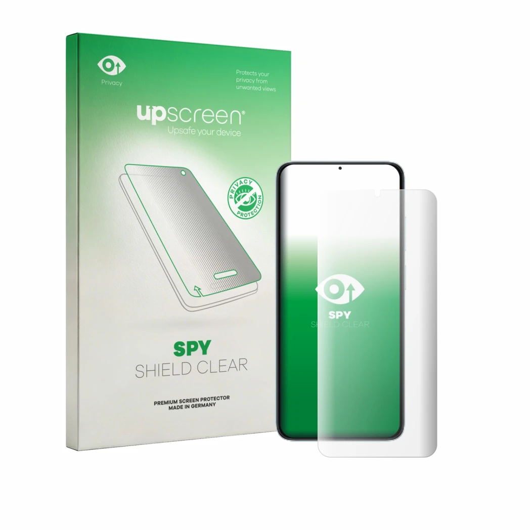 Parte frontale di una confezione del prodotto con il logo del marchio upscreen. Accanto è raffigurato il dispositivo Doogee No
