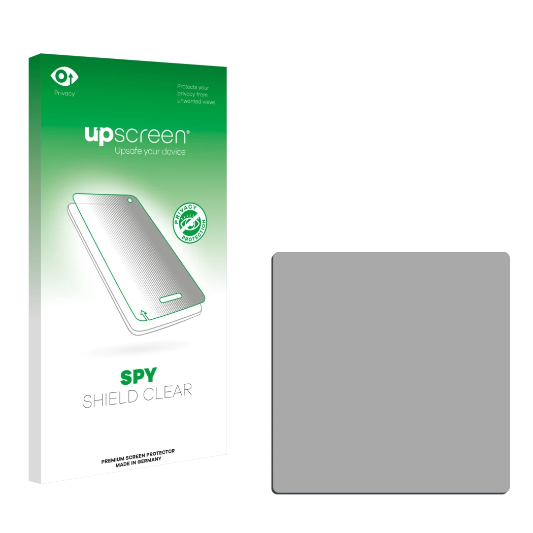 Parte frontale di una confezione del prodotto con il logo del marchio upscreen. Accanto si trova la protezione per lo schermo 