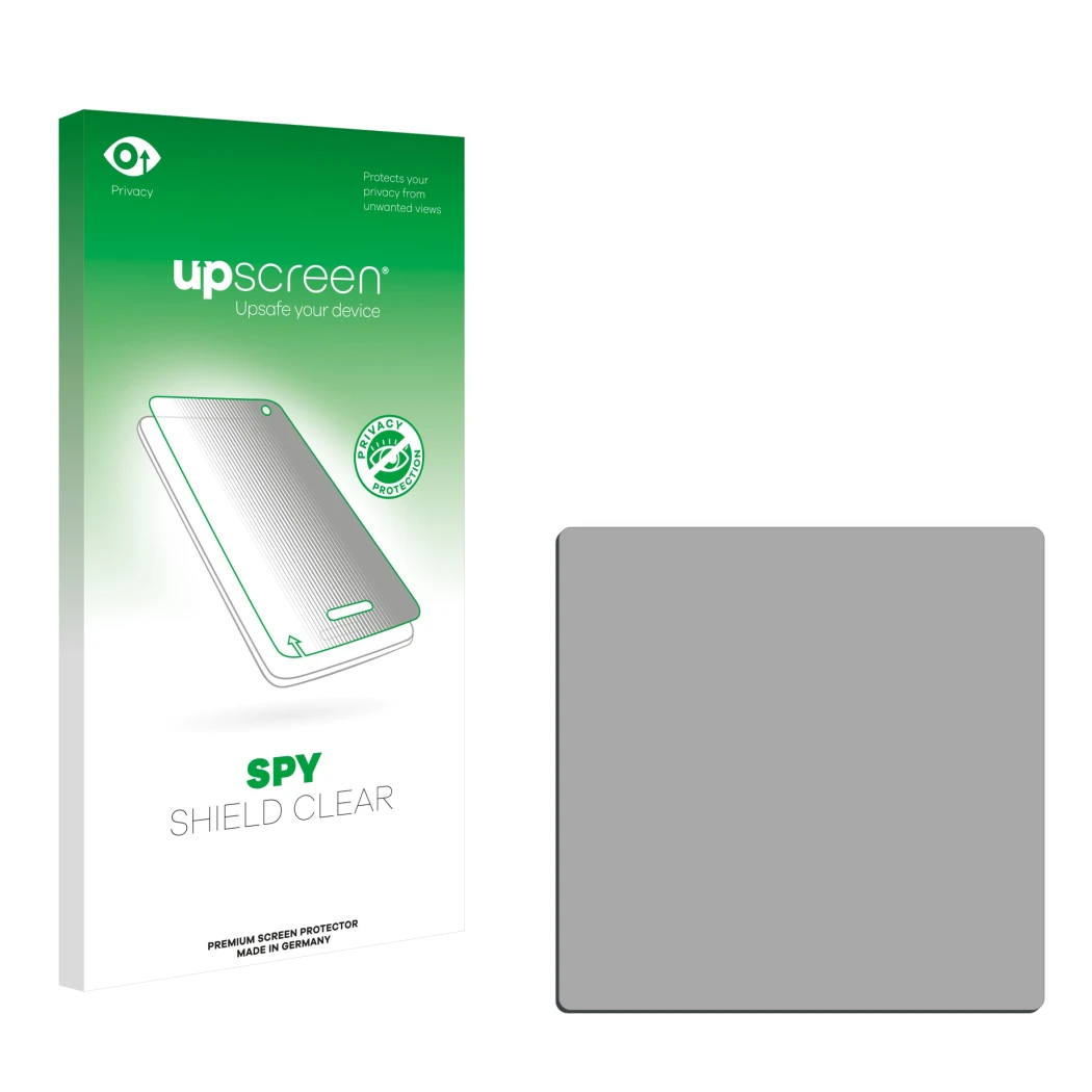 Parte frontale di una confezione del prodotto con il logo del marchio upscreen. Accanto si trova la protezione per lo schermo 