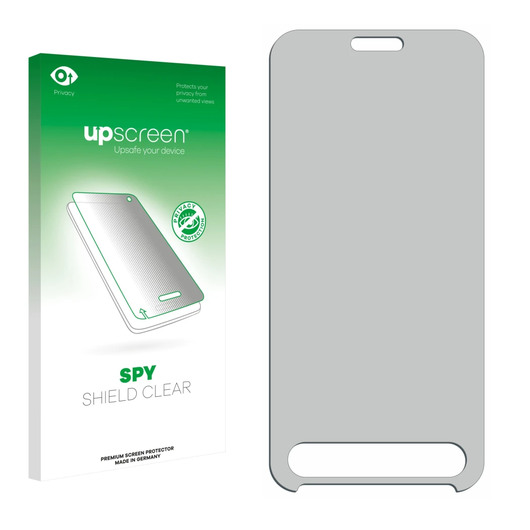 Parte frontale di una confezione del prodotto con il logo del marchio upscreen. Accanto si trova la protezione per lo schermo 