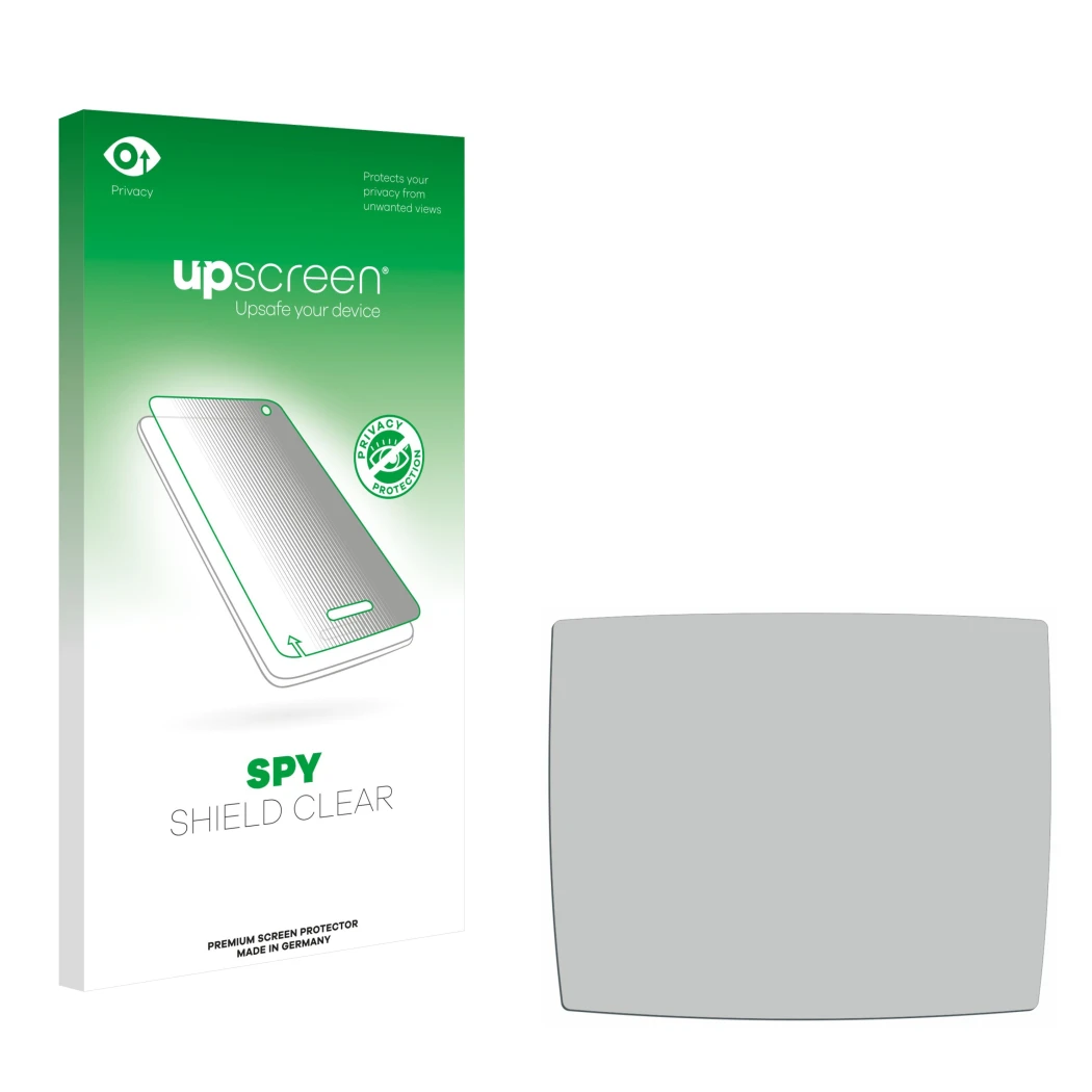 Parte frontale di una confezione del prodotto con il logo del marchio upscreen. Accanto si trova la protezione per lo schermo 