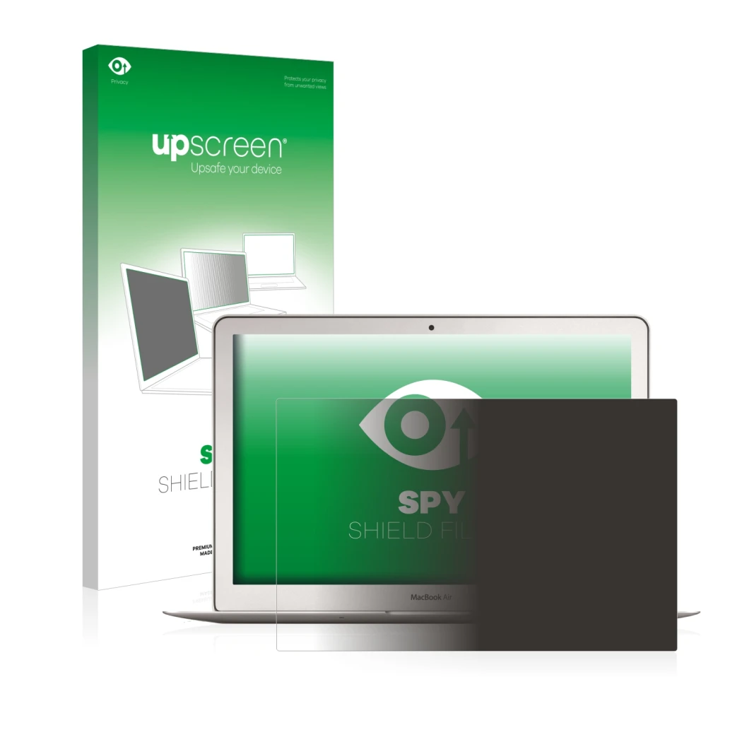 Parte frontale di una confezione del prodotto con il logo del marchio upscreen. Accanto è raffigurato il dispositivo Apple Mac