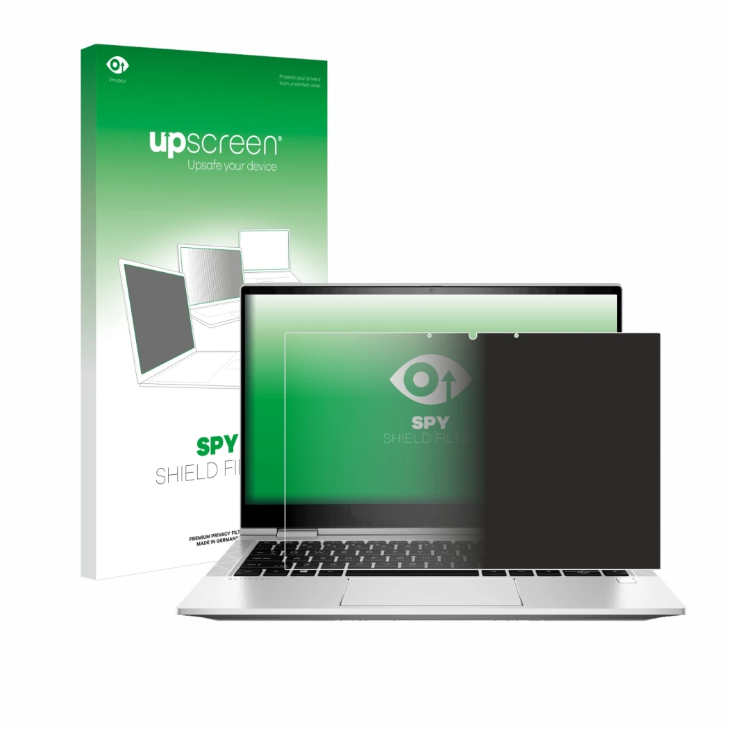 Parte frontale di una confezione del prodotto con il logo del marchio upscreen. Accanto è raffigurato il dispositivo HP EliteB