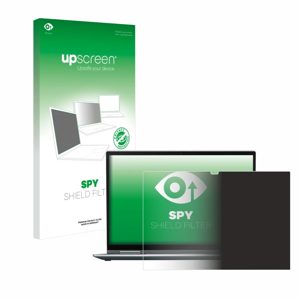 Parte frontale di una confezione del prodotto con il logo del marchio upscreen. Accanto è raffigurato il dispositivo Lenovo Th