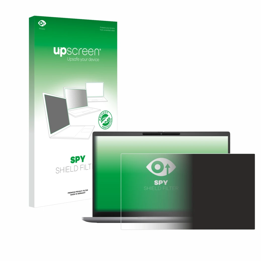 Parte frontale di una confezione del prodotto con il logo del marchio upscreen. Accanto è raffigurato il dispositivo Dell Lati