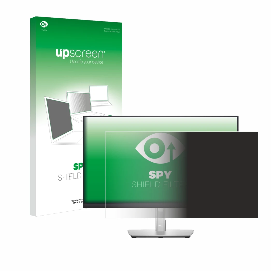 Parte frontale di una confezione del prodotto con il logo del marchio upscreen. Accanto è raffigurato il dispositivo Dell P242