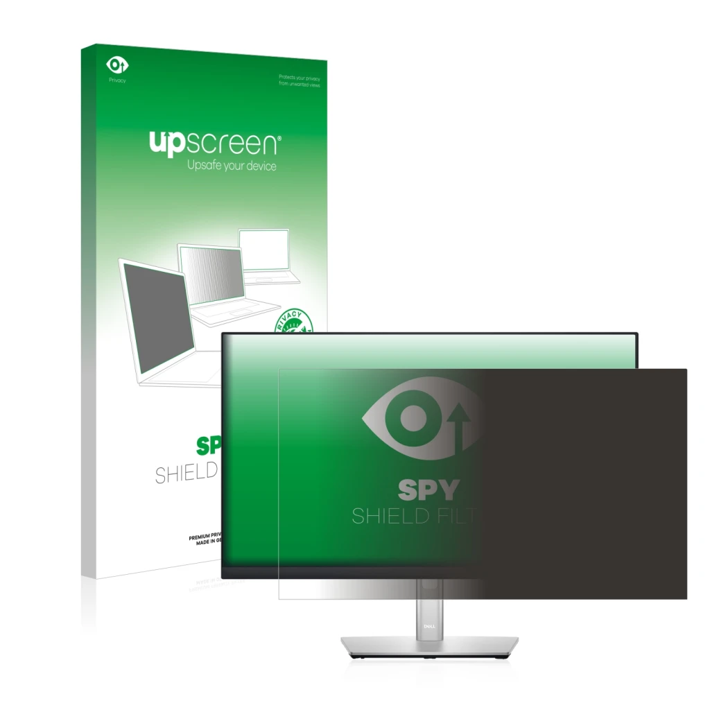 Parte frontale di una confezione del prodotto con il logo del marchio upscreen. Accanto è raffigurato il dispositivo Dell P242