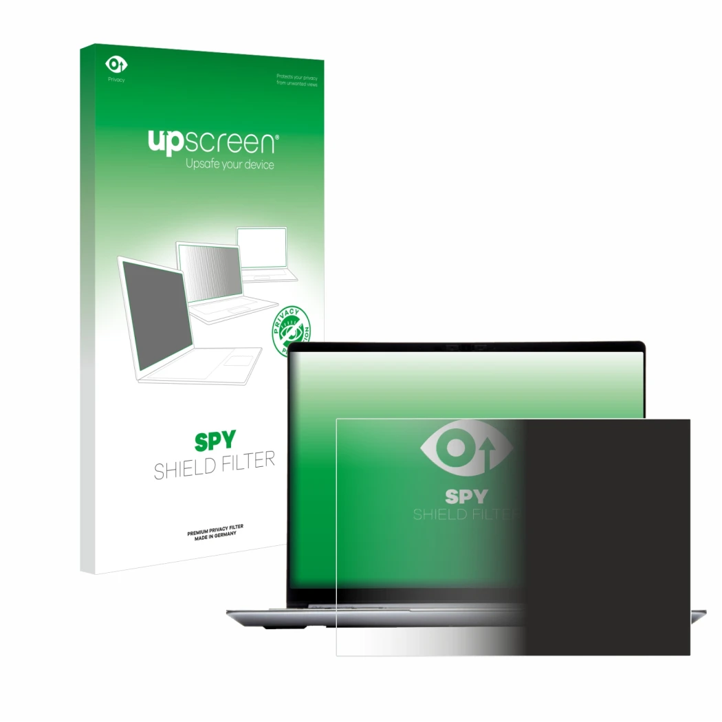 Parte frontale di una confezione del prodotto con il logo del marchio upscreen. Accanto è raffigurato il dispositivo Framework