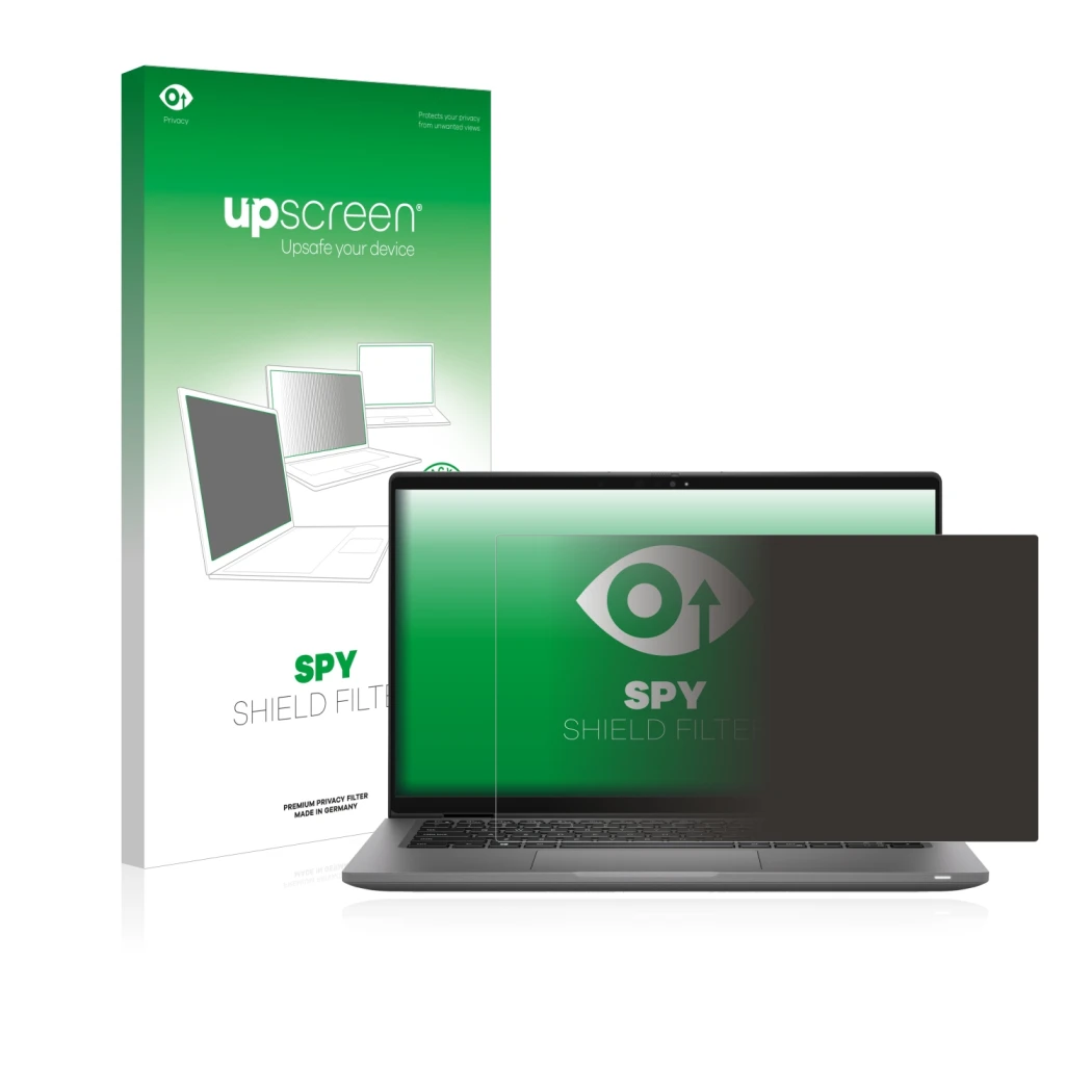 Parte frontale di una confezione del prodotto con il logo del marchio upscreen. Accanto è raffigurato il dispositivo Dell Lati