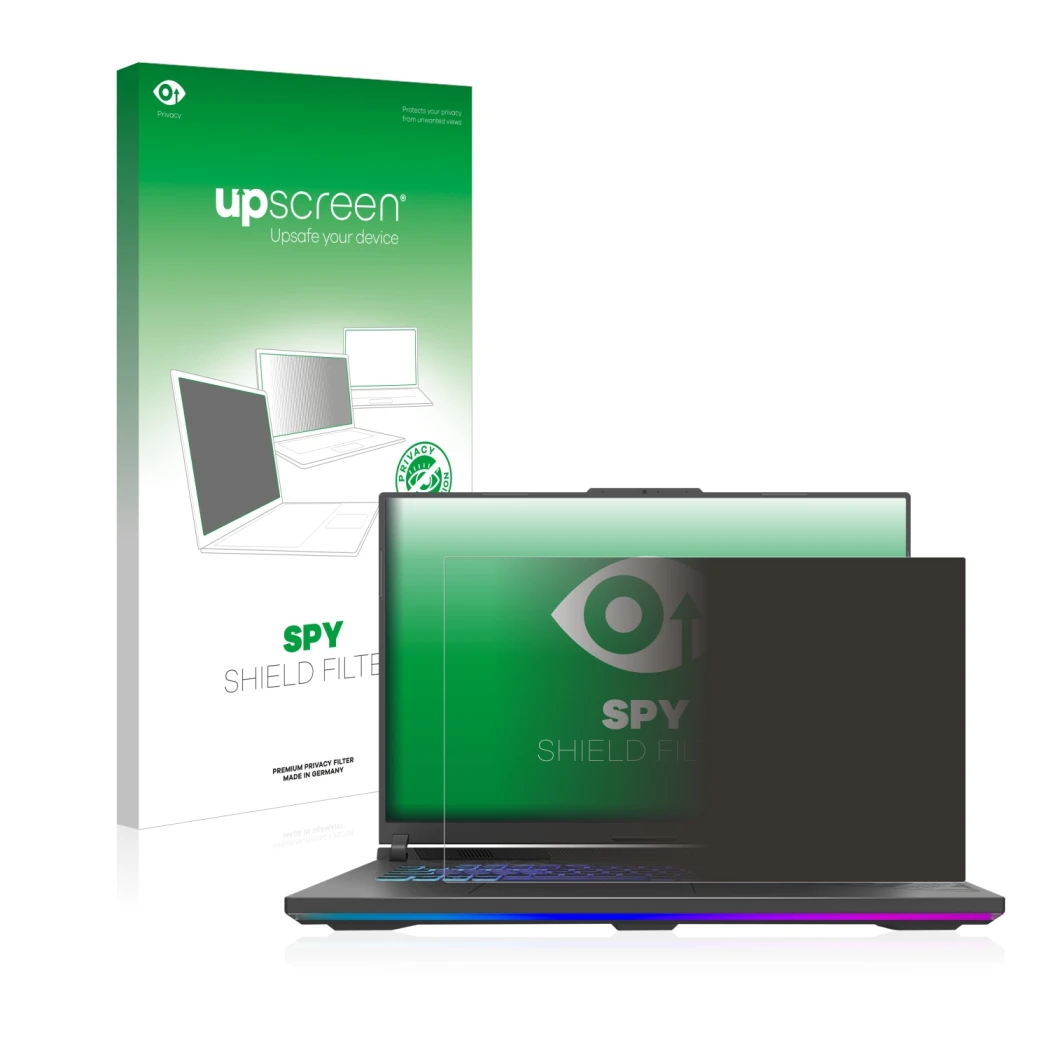 Parte frontale di una confezione del prodotto con il logo del marchio upscreen. Accanto è raffigurato il dispositivo ASUS ROG 