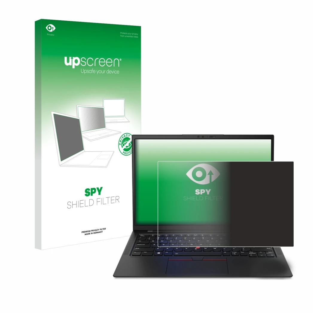 Parte frontale di una confezione del prodotto con il logo del marchio upscreen. Accanto è raffigurato il dispositivo Lenovo Th