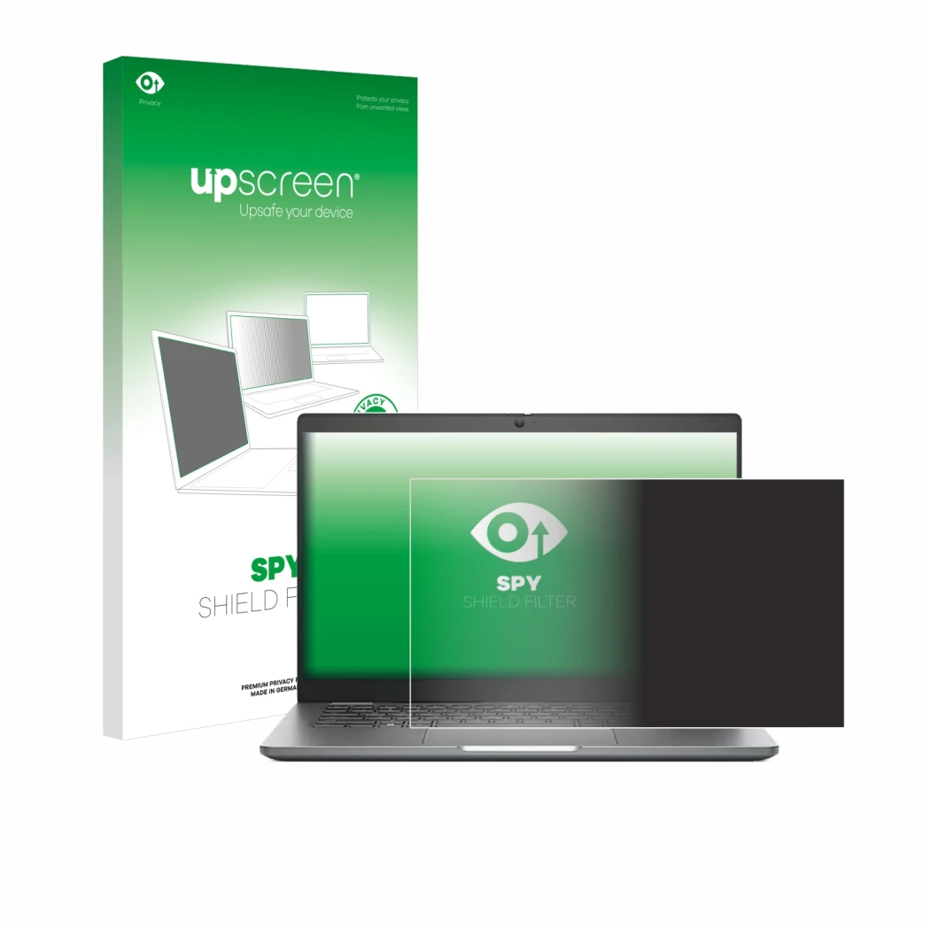 Parte frontale di una confezione del prodotto con il logo del marchio upscreen. Accanto è raffigurato il dispositivo Dell Lati