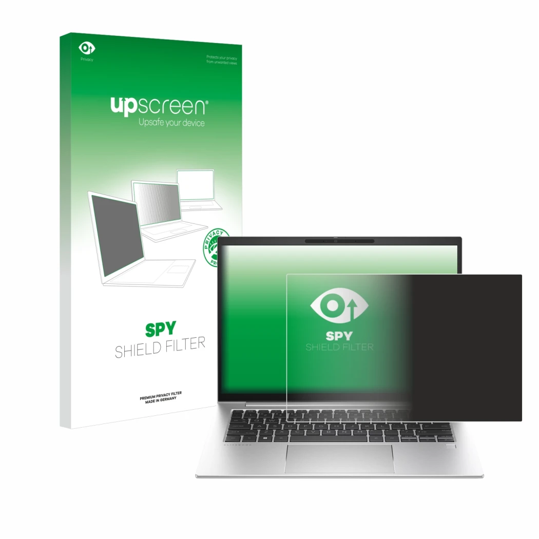 Parte frontale di una confezione del prodotto con il logo del marchio upscreen. Accanto è raffigurato il dispositivo HP EliteB