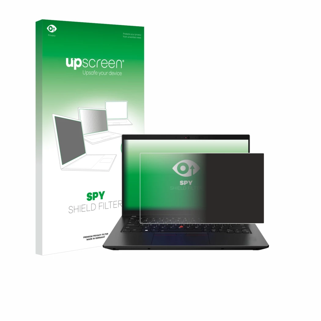 Parte frontale di una confezione del prodotto con il logo del marchio upscreen. Accanto è raffigurato il dispositivo Lenovo Th