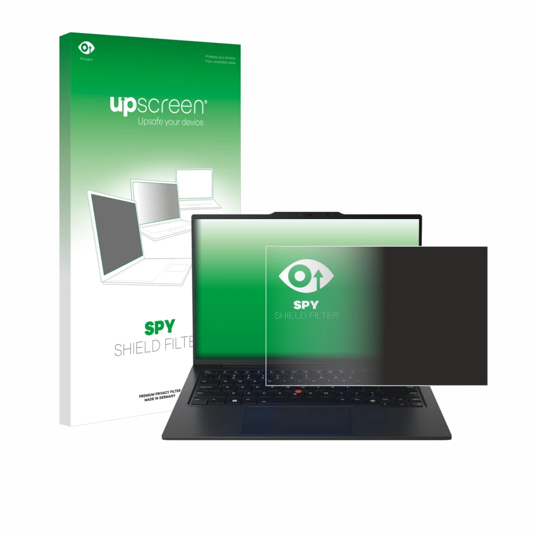 Parte frontale di una confezione del prodotto con il logo del marchio upscreen. Accanto è raffigurato il dispositivo Lenovo Th