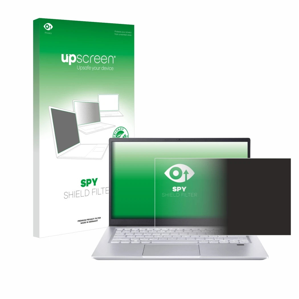 Parte frontale di una confezione del prodotto con il logo del marchio upscreen. Accanto è raffigurato il dispositivo Acer Swif