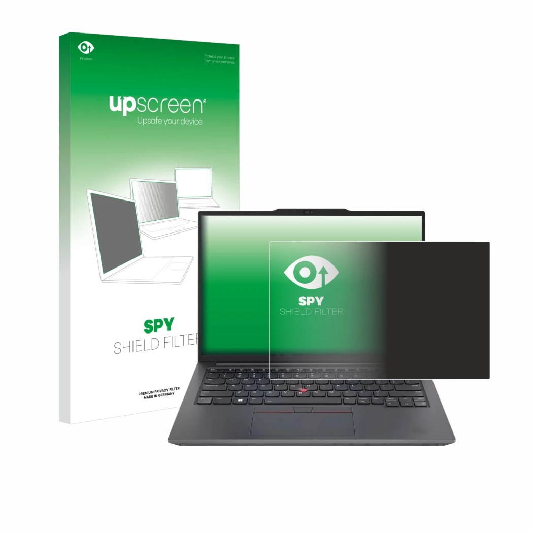 Parte frontale di una confezione del prodotto con il logo del marchio upscreen. Accanto è raffigurato il dispositivo Lenovo Th