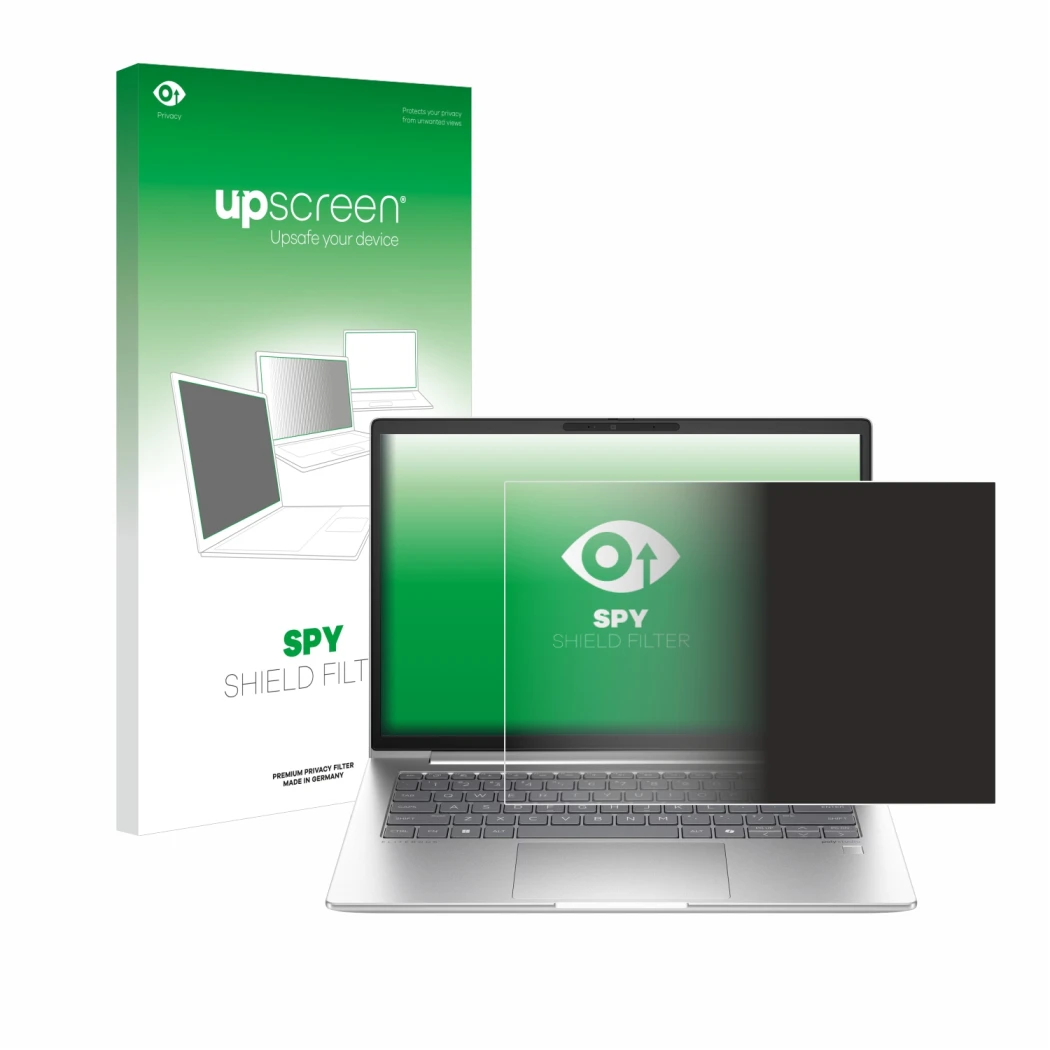 Parte frontale di una confezione del prodotto con il logo del marchio upscreen. Accanto è raffigurato il dispositivo HP EliteB
