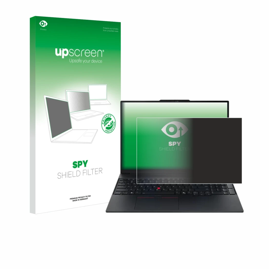 Parte frontale di una confezione del prodotto con il logo del marchio upscreen. Accanto è raffigurato il dispositivo Lenovo Th