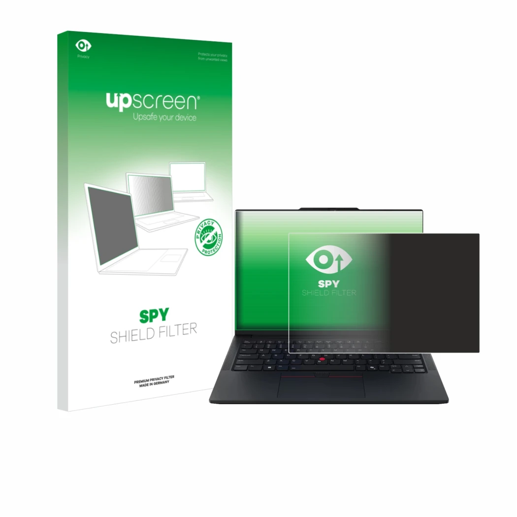 Parte frontale di una confezione del prodotto con il logo del marchio upscreen. Accanto è raffigurato il dispositivo Lenovo Th