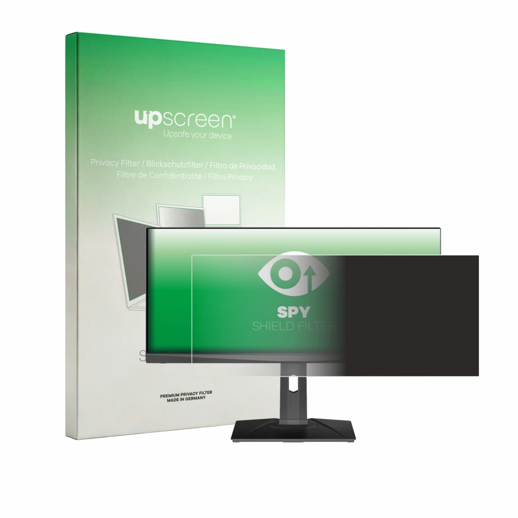 Parte frontale di una confezione del prodotto con il logo del marchio upscreen. Accanto è raffigurato il dispositivo MSI Optix