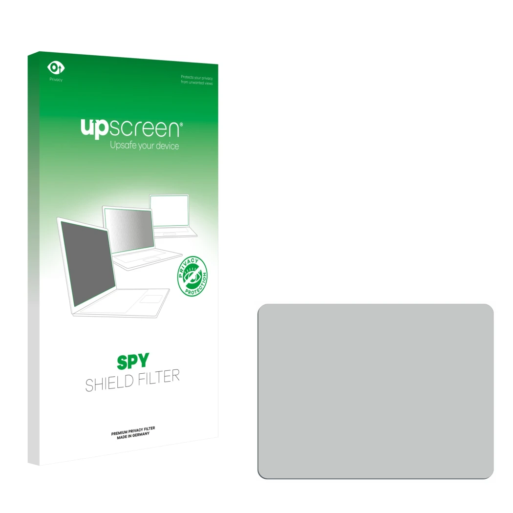 Parte frontale di una confezione del prodotto con il logo del marchio upscreen. Accanto si trova la protezione per lo schermo