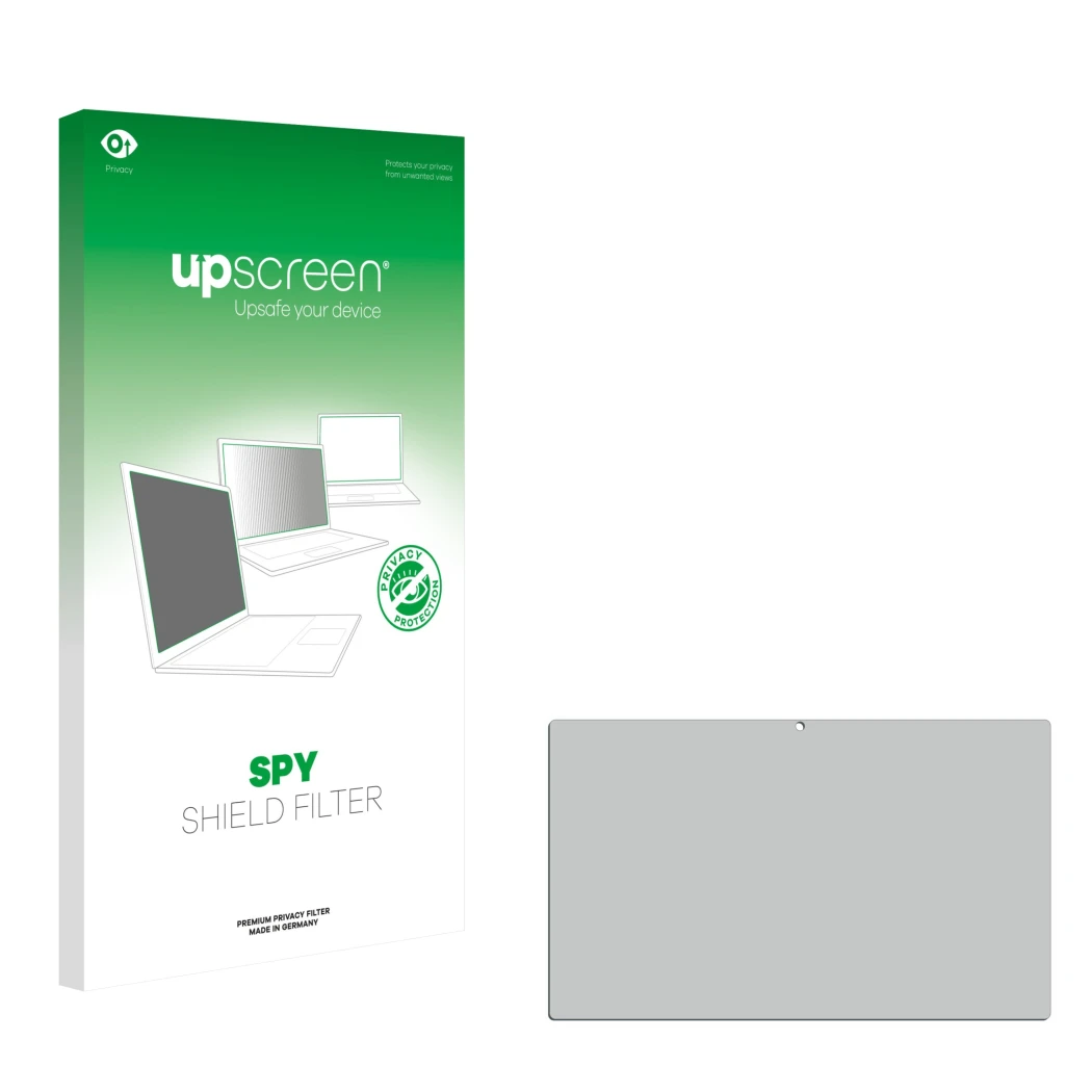 Parte frontale di una confezione del prodotto con il logo del marchio upscreen. Accanto si trova la protezione per lo schermo