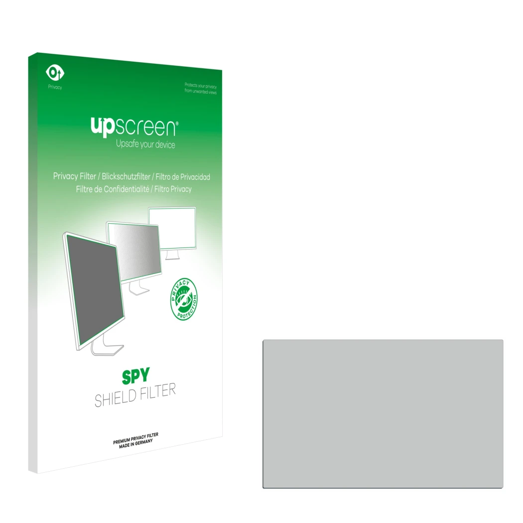 Parte frontale di una confezione del prodotto con il logo del marchio upscreen. Accanto si trova la protezione per lo schermo 