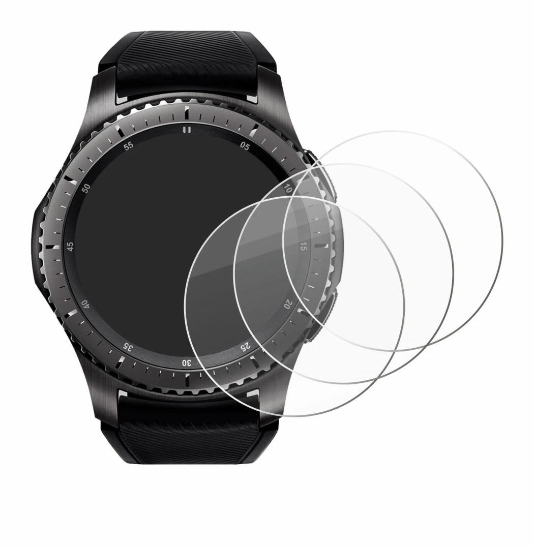 Immagine del dispositivo Samsung Gear S3 Frontier con un'ampia varietà di protezioni per lo schermo.