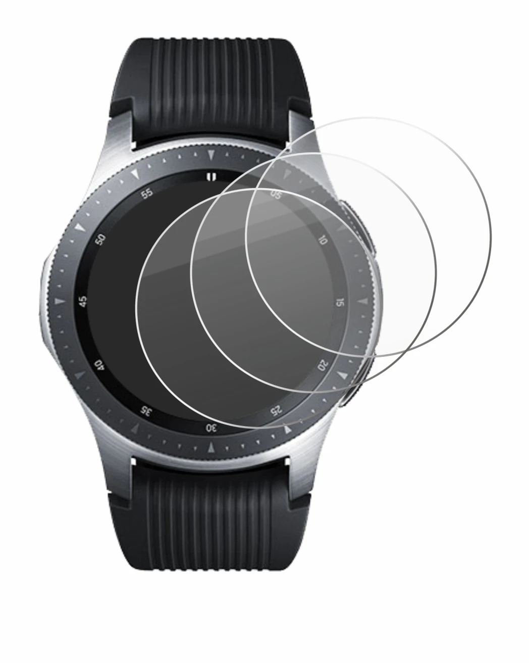 Immagine del dispositivo Samsung Galaxy Watch (46 mm) con un'ampia varietà di protezioni per lo schermo.