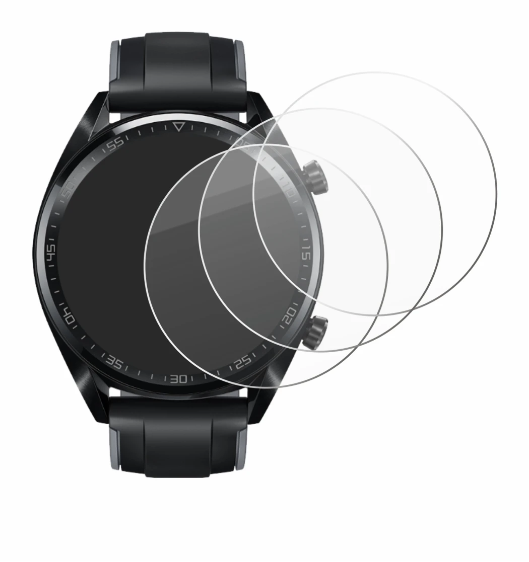 Immagine del dispositivo Huawei Watch GT (46 mm) 2018 con un'ampia varietà di protezioni per lo schermo.