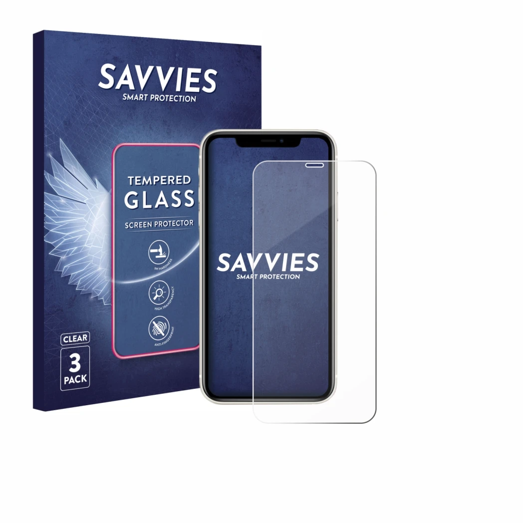 Parte frontale di una confezione del prodotto con il logo del marchio Savvies. Accanto è raffigurato il dispositivo Apple iPho