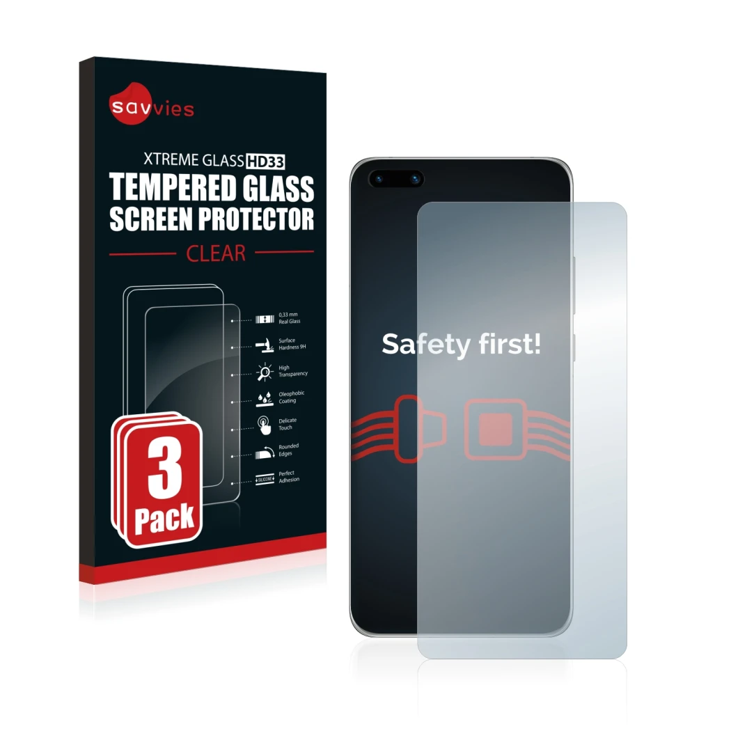 Parte frontale di una confezione del prodotto con il logo del marchio Savvies. Accanto è raffigurato il dispositivo Huawei P40