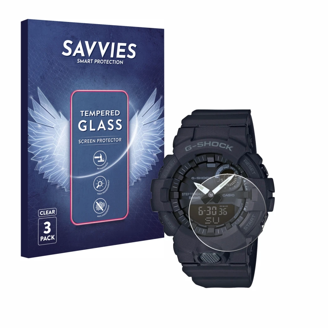 Parte frontale di una confezione del prodotto con il logo del marchio Savvies. Accanto è raffigurato il dispositivo Casio G-Sh