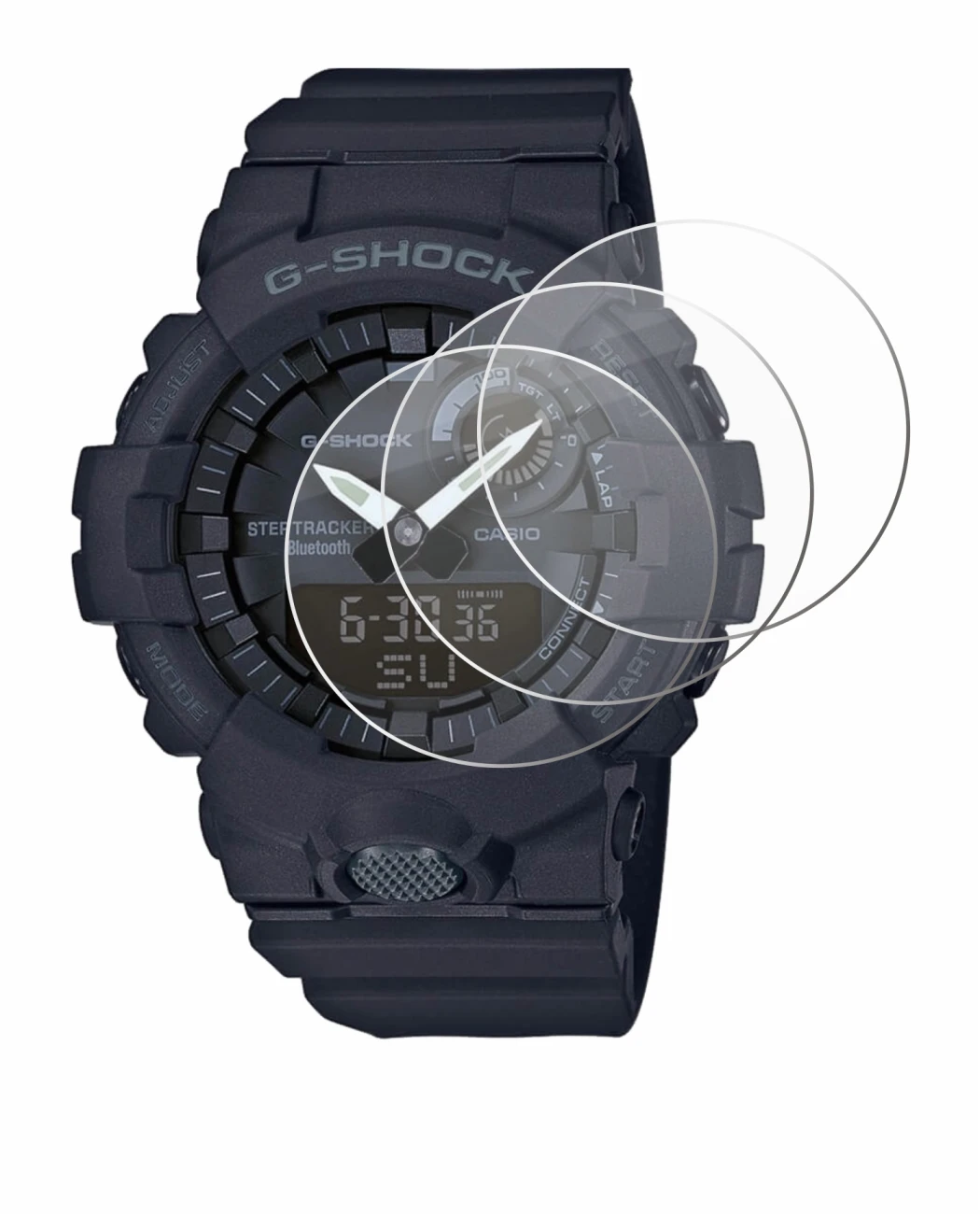 Immagine del dispositivo Casio G-Shock GBA800 con un'ampia varietà di protezioni per lo schermo.