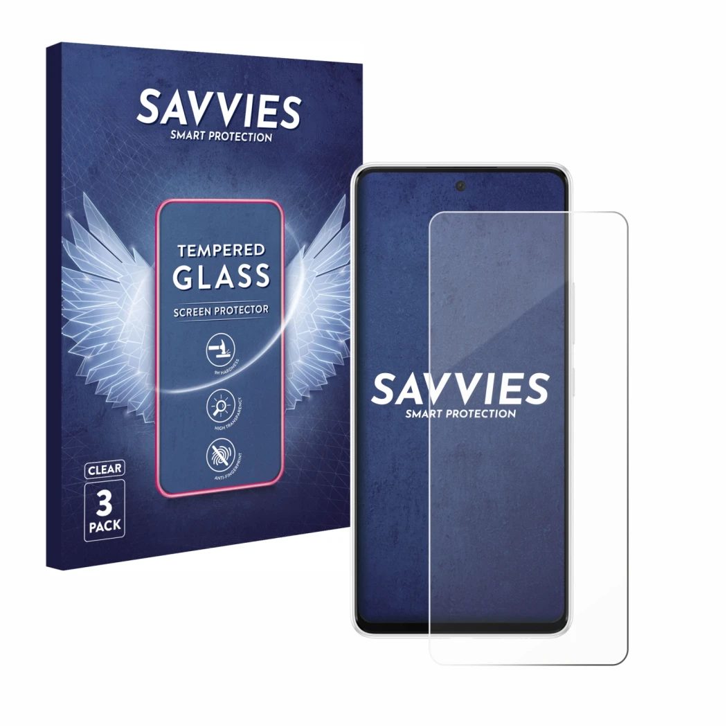 Parte frontale di una confezione del prodotto con il logo del marchio Savvies. Accanto è raffigurato il dispositivo Samsung Ga