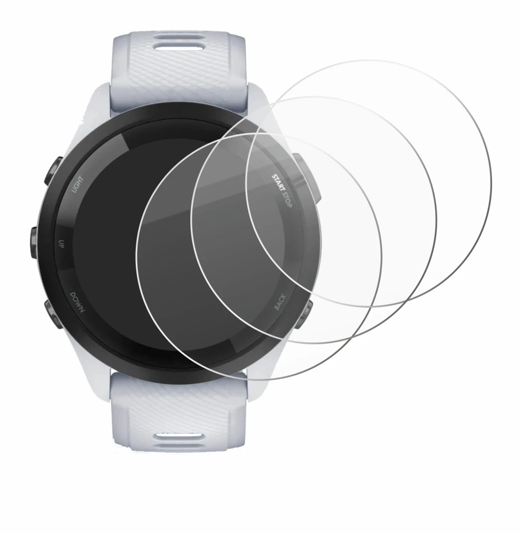 Immagine del dispositivo Garmin Forerunner 265 (46 mm) con un'ampia varietà di protezioni per lo schermo.