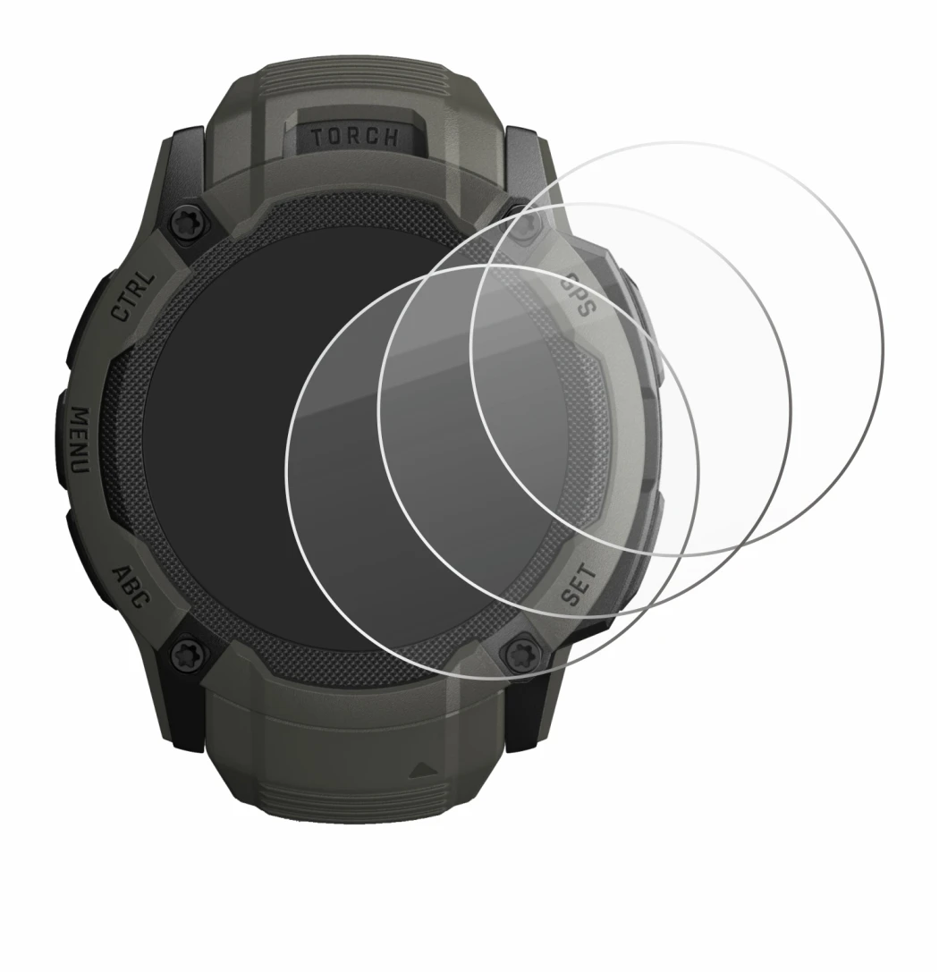 Immagine del dispositivo Garmin Instinct 2X Solar con un'ampia varietà di protezioni per lo schermo.