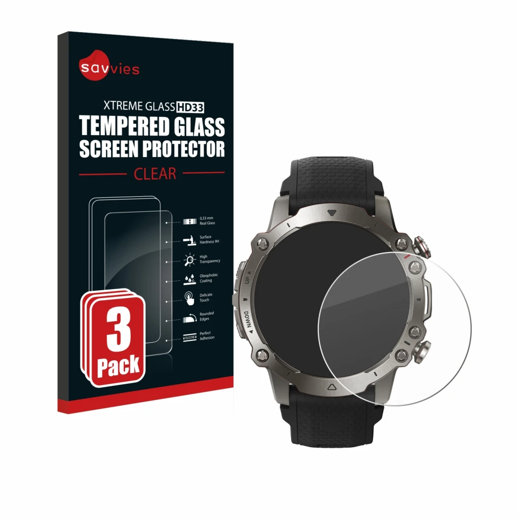 Parte frontale di una confezione del prodotto con il logo del marchio Savvies. Accanto è raffigurato il dispositivo Huami Amaz