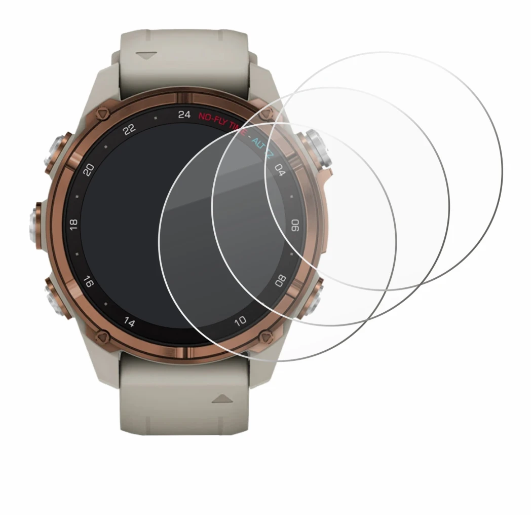 Immagine del dispositivo Garmin Descent Mk3 (43 mm) con un'ampia varietà di protezioni per lo schermo.