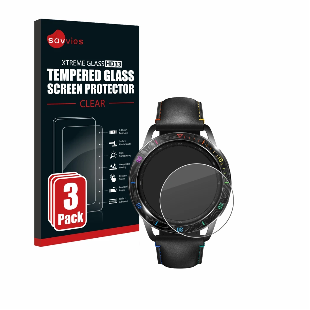 Parte frontale di una confezione del prodotto con il logo del marchio Savvies. Accanto è raffigurato il dispositivo Xiaomi Wat