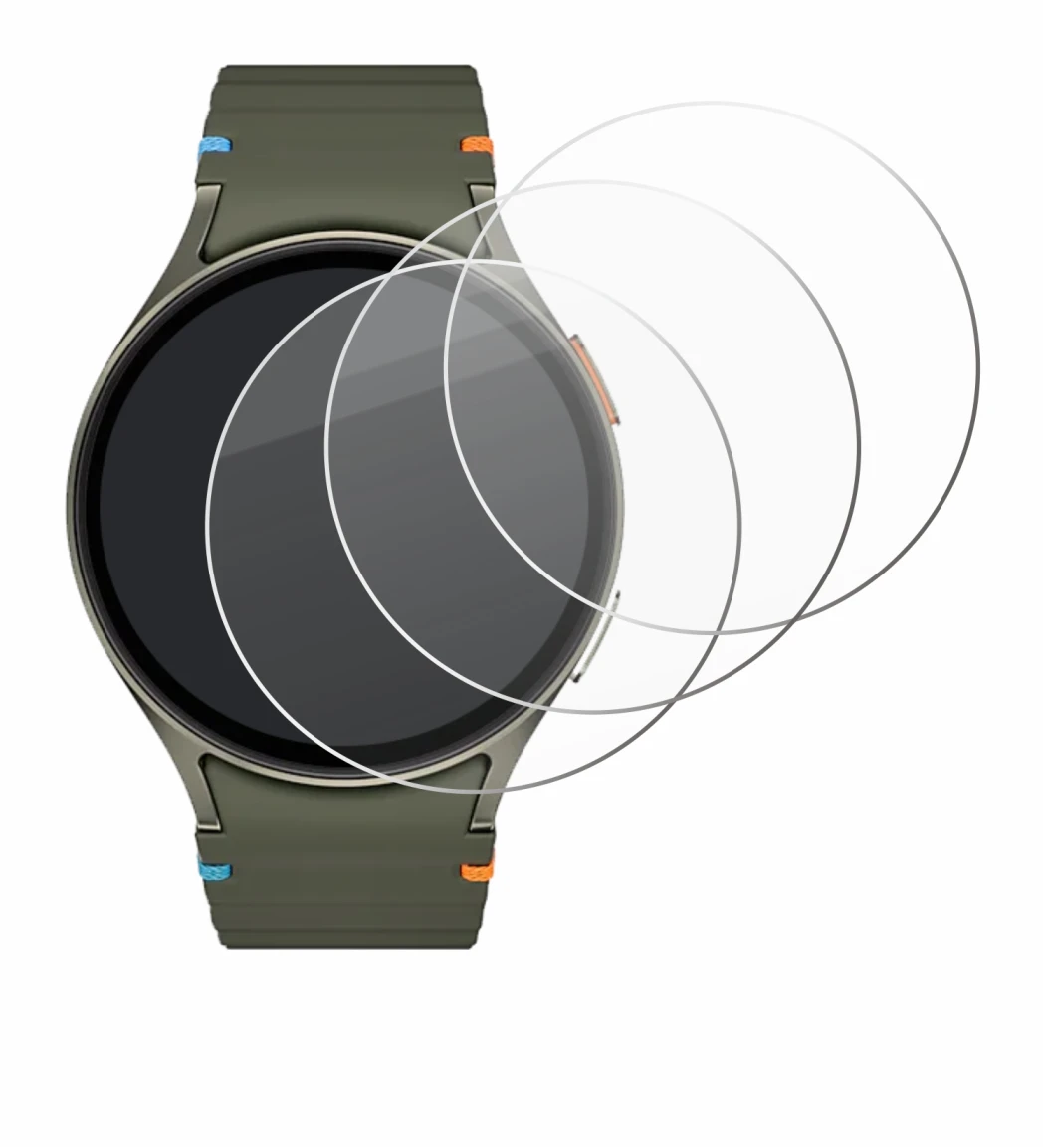 Immagine del dispositivo Samsung Galaxy Watch 7 (44 mm) con un'ampia varietà di protezioni per lo schermo.