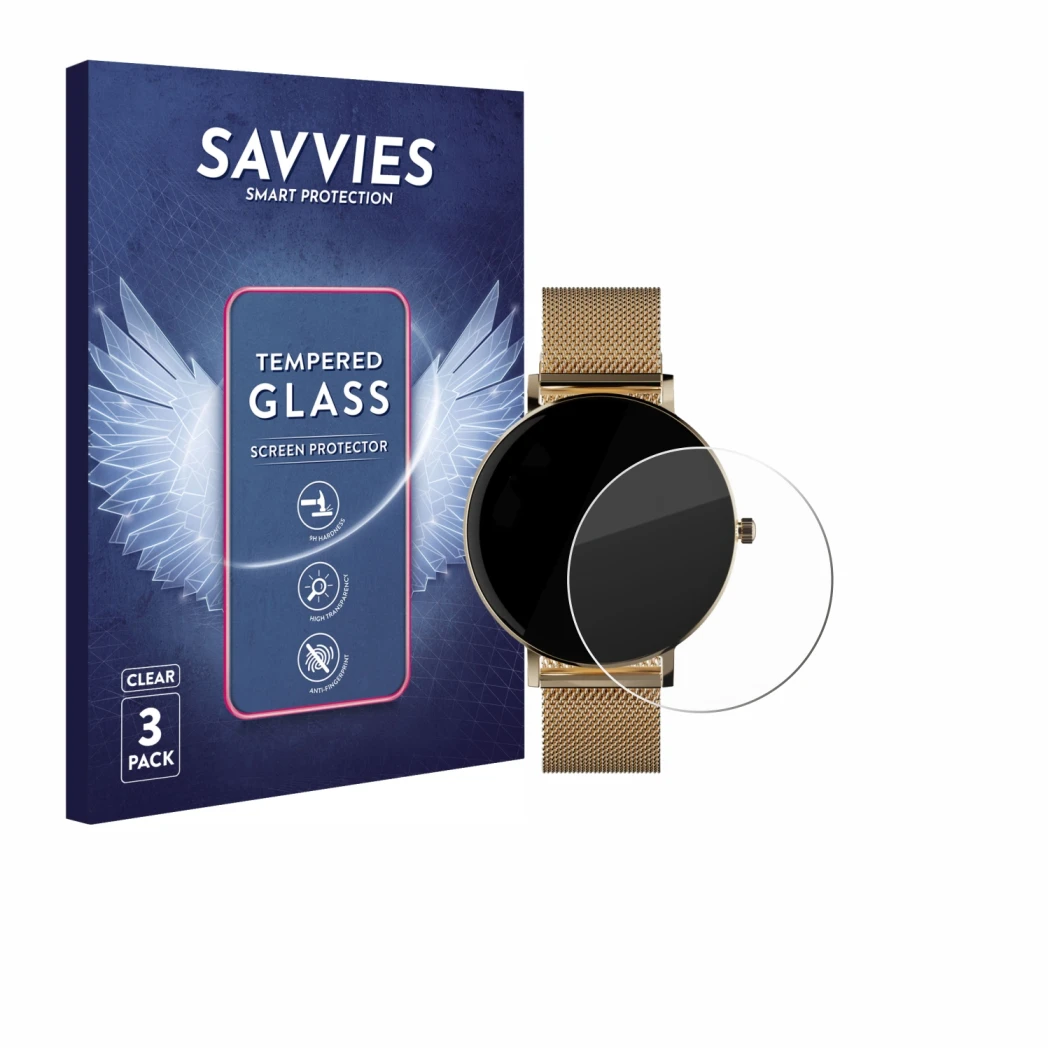 Parte frontale di una confezione del prodotto con il logo del marchio Savvies. Accanto è raffigurato il dispositivo ZenWatch V