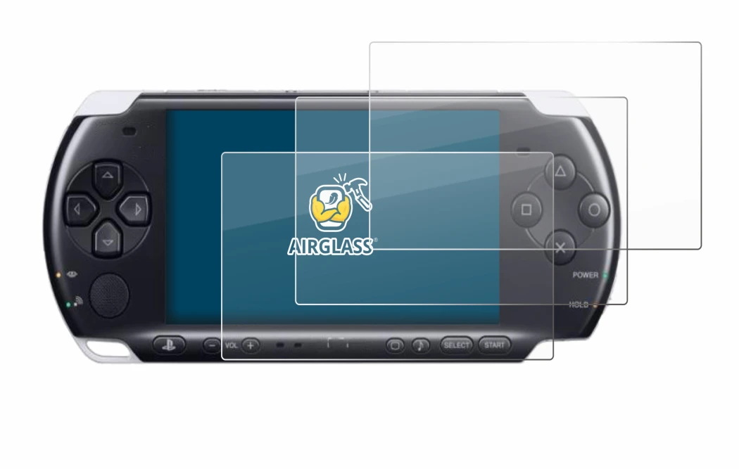 Immagine del dispositivo Sony PSP 3000 con un'ampia varietà di protezioni per lo schermo.